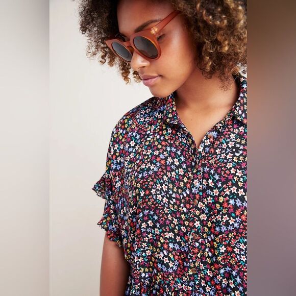 Mauve by Anthropologie Button Up Ruffle Black Floral Collared Top Size Small - Picture 3 of 16